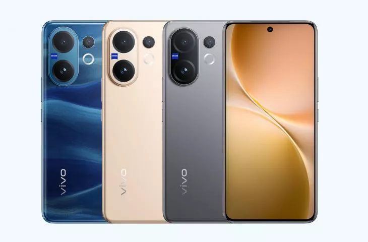 Tiga unit smartphone Vivo V70 Elite dalam varian warna biru laut, emas, dan abu-abu metalik menunjukkan modul kamera ZEISS