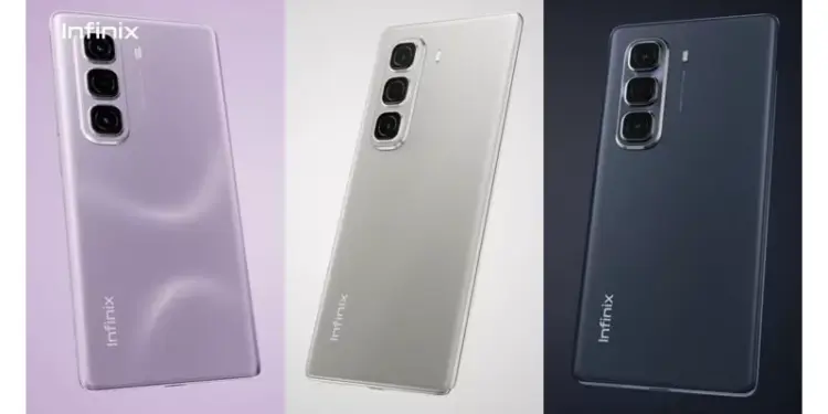 Tiga varian warna Infinix Hot 70 Pro+ 5G yaitu Ungu, Emas, dan Silver dengan modul kamera besar yang futuristik.