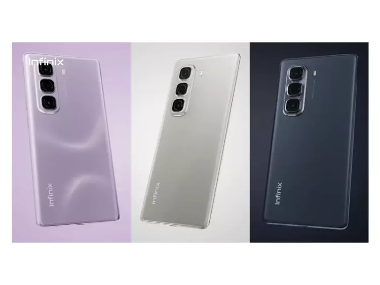 Tiga varian warna Infinix Hot 70 Pro+ 5G yaitu Ungu, Emas, dan Silver dengan modul kamera besar yang futuristik.