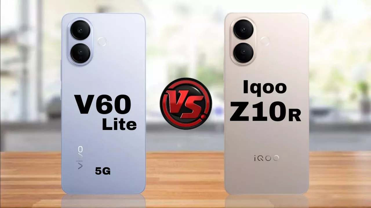 Visual perbandingan langsung (heads-up) antara Vivo V60 Lite 5G dan iQOO Z10R 5G, lengkap dengan logo "VS".