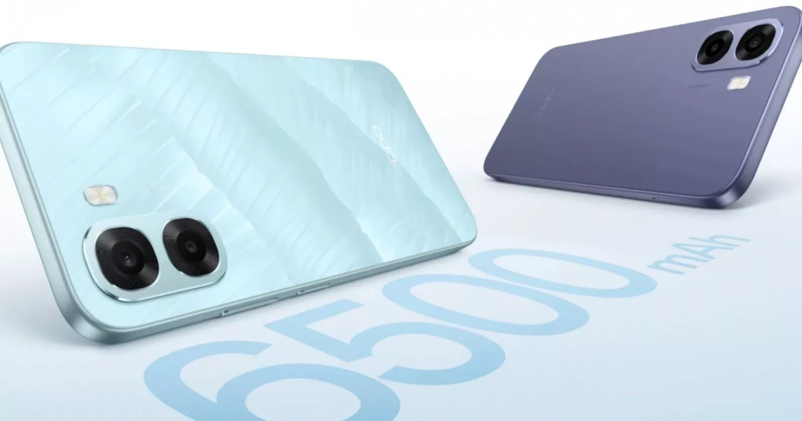 Dua smartphone Oppo A6x (biru kehijauan dan ungu) ditampilkan dengan angka besar "6500 mAh", menyimbolkan kapasitas baterai.