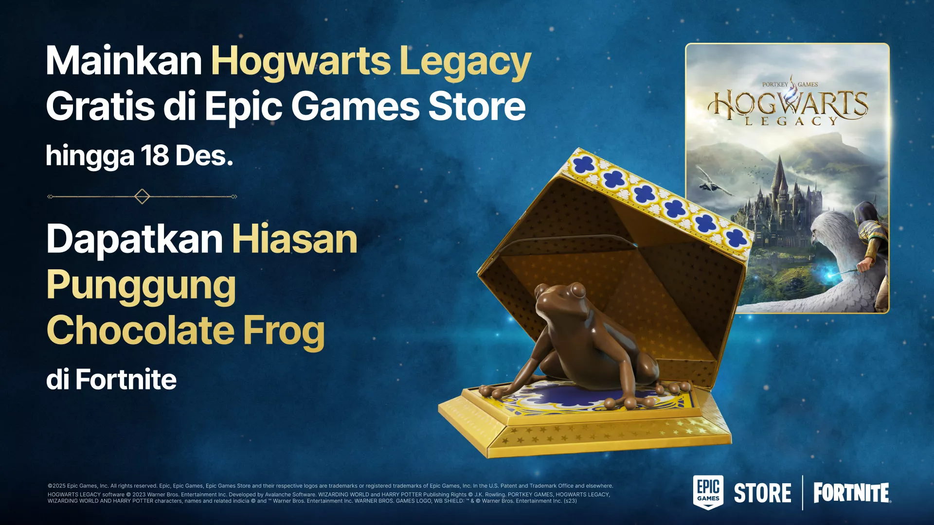 Promosi Epic Games Store menawarkan Hogwarts Legacy Gratis hingga 18 Des dan hiasan punggung Chocolate Frog di Fortnite.