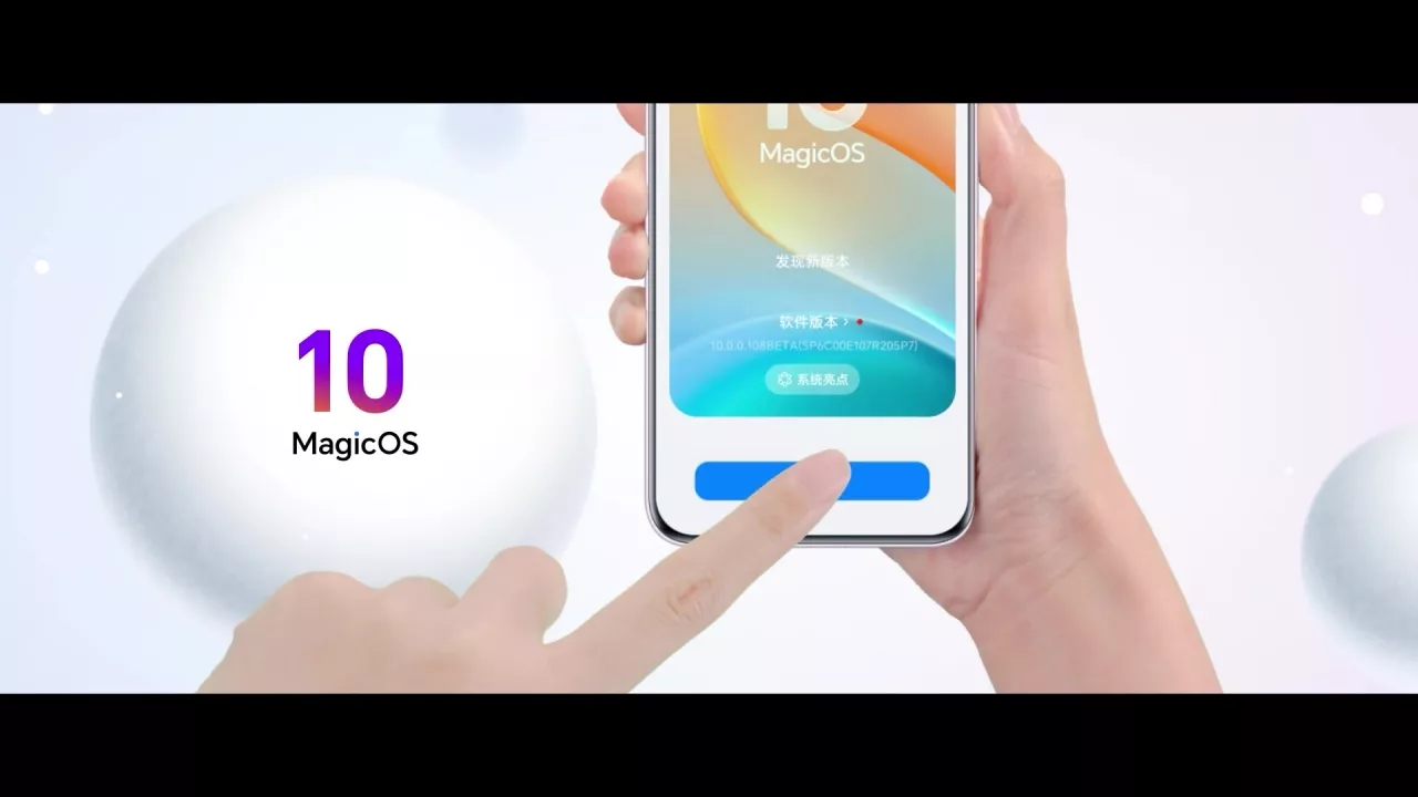 Tangan menekan tombol install pembaruan sistem operasi pada layar ponsel, menunjukkan proses instalasi MagicOS 10.