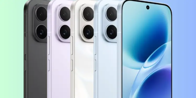 Smartphone Vivo V70 Elite warna biru dengan layar punch-hole yang jernih berlatar belakang pemandangan kota malam hari.