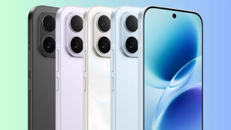 Smartphone Vivo V70 Elite warna biru dengan layar punch-hole yang jernih berlatar belakang pemandangan kota malam hari.