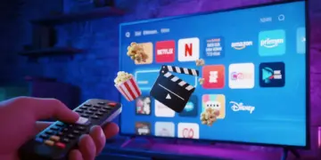 Featured image rekomendasi 8 situs streaming film legal, menampilkan ikon aplikasi Netflix, Disney+, dan Amazon Prime di layar TV dengan efek 3D sinematik.