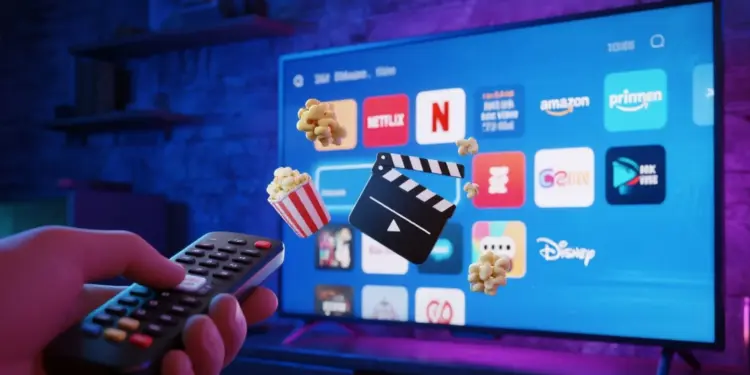 Featured image rekomendasi 8 situs streaming film legal, menampilkan ikon aplikasi Netflix, Disney+, dan Amazon Prime di layar TV dengan efek 3D sinematik.