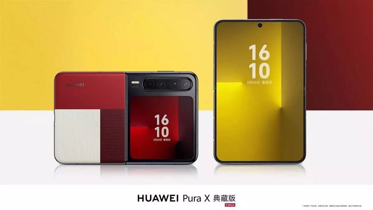 Dua unit smartphone lipat Huawei Pura X2 dalam varian warna merah dan kuning, menyoroti desain clamshell.
