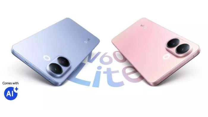 Dua unit smartphone Vivo V60 Lite 5G dalam warna ungu dan merah muda yang elegan, menonjolkan kamera belakang besar dan tulisan "V60 Lite".