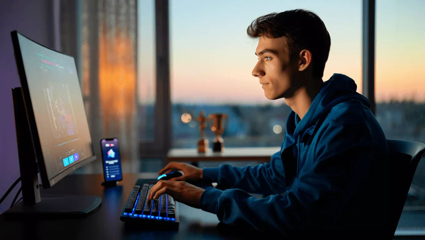 Smartphone modern yang dipajang di display dengan latar belakang sorotan lampu, menyiratkan peluncuran fitur baru Discord.