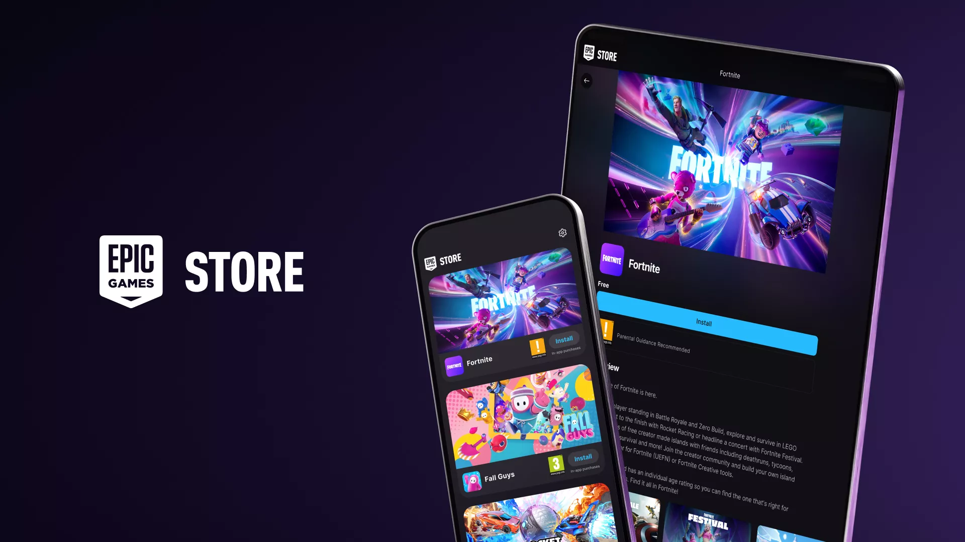 Tampilan aplikasi mobile Epic Games Store di ponsel dan tablet, menampilkan Fortnite dan Fall Guys yang tersedia untuk diunduh.