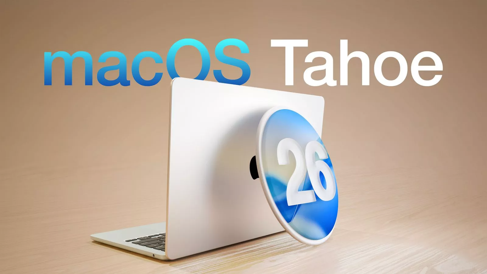 Logo macOS Tahoe dengan angka 26 dilihat dari sudut lain, menunjukkan branding yang jelas untuk rilis macOS Tahoe 26.2 di MacBook.