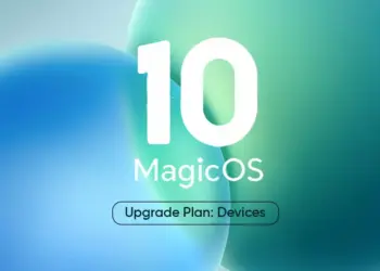 Poster besar angka 10 dan teks MagicOS dengan tombol "Upgrade Plan: Devices" di bawahnya, mengumumkan pembaruan MagicOS 10 Global.