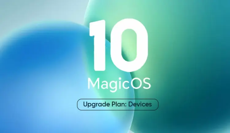 Poster besar angka 10 dan teks MagicOS dengan tombol "Upgrade Plan: Devices" di bawahnya, mengumumkan pembaruan MagicOS 10 Global.