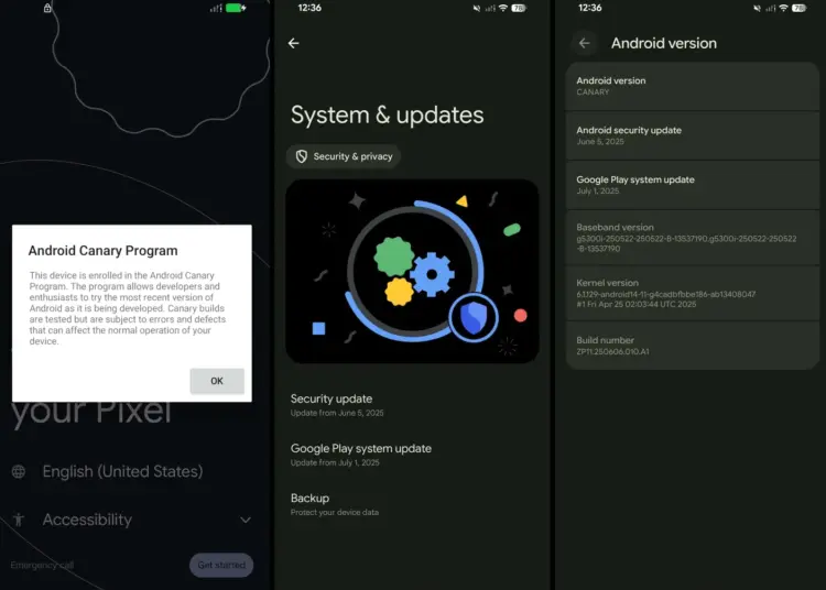 Tangkapan layar notifikasi sistem Android Canary Program dan detail versi build di Google Pixel yang sedang menguji fitur transfer data ke iPhone.