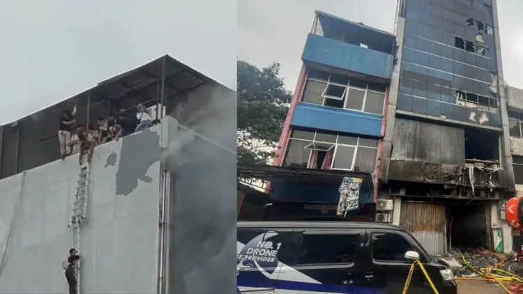 Foto gedung di Kemayoran setelah dilalap api, menunjukkan kerusakan parah dan upaya penyelamatan korban dari Kebakaran yang menewaskan 22 Korban Jiwa dipicu Baterai Drone.