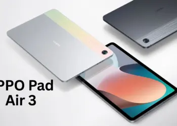 Bocoran desain tablet Oppo Pad Air 3 berwarna perak dan abu-abu, menonjolkan keyboard magnetik, rumor spesifikasi Dimensity 7300 dan Baterai 10.050mAh.