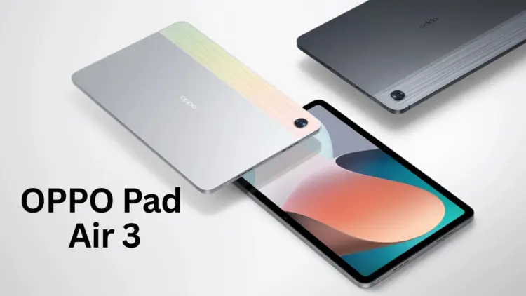 Bocoran desain tablet Oppo Pad Air 3 berwarna perak dan abu-abu, menonjolkan keyboard magnetik, rumor spesifikasi Dimensity 7300 dan Baterai 10.050mAh.