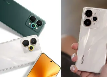 Desain bodi belakang Realme 16 Pro warna hijau dan putih, menonjolkan modul kamera belakang triple dengan lensa periskop, bocoran spesifikasi Baterai 7.000mAh.