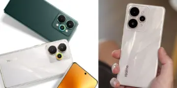 Desain bodi belakang Realme 16 Pro warna hijau dan putih, menonjolkan modul kamera belakang triple dengan lensa periskop, bocoran spesifikasi Baterai 7.000mAh.