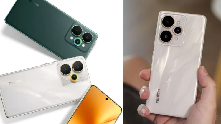 Desain bodi belakang Realme 16 Pro warna hijau dan putih, menonjolkan modul kamera belakang triple dengan lensa periskop, bocoran spesifikasi Baterai 7.000mAh.
