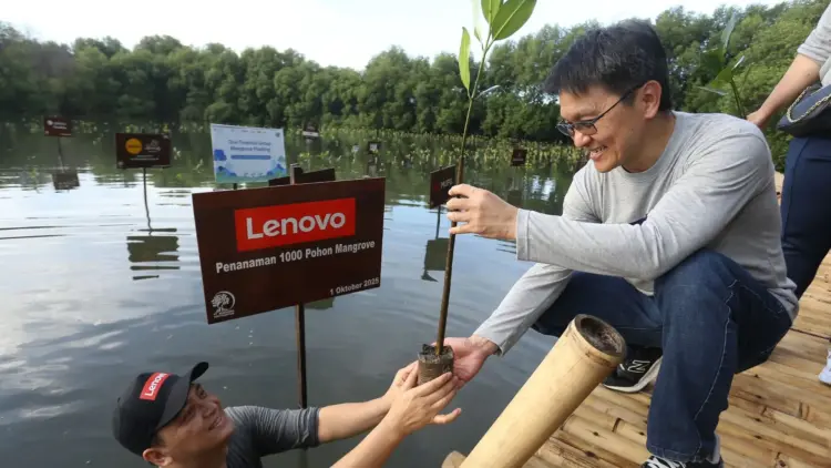 President Director Lenovo Indonesia, Budi Janto, berpartisipasi dalam aksi nyata CSR Lenovo menanam 1.000 pohon mangrove di Taman Wisata Angke Jakarta untuk keberlanjutan lingkungan.