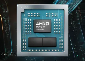 Tampilan close-up prosesor AMD EPYC Embedded 2005 Series dengan arsitektur Zen 5 dalam kemasan BGA ringkas untuk kebutuhan industri dan jaringan.