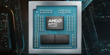 Tampilan close-up prosesor AMD EPYC Embedded 2005 Series dengan arsitektur Zen 5 dalam kemasan BGA ringkas untuk kebutuhan industri dan jaringan.