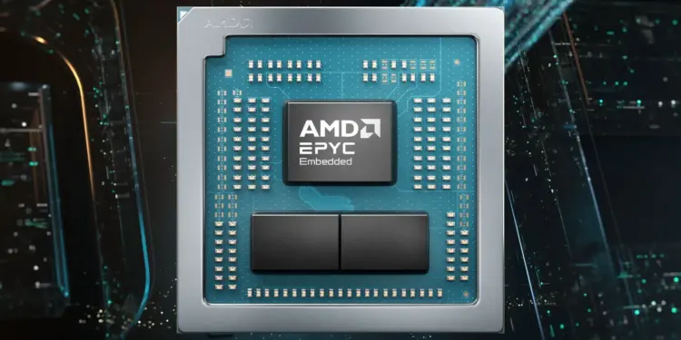 Tampilan close-up prosesor AMD EPYC Embedded 2005 Series dengan arsitektur Zen 5 dalam kemasan BGA ringkas untuk kebutuhan industri dan jaringan.