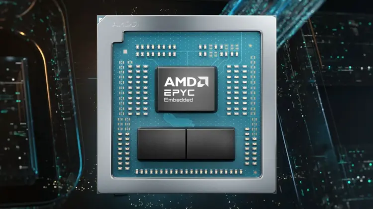 Tampilan close-up prosesor AMD EPYC Embedded 2005 Series dengan arsitektur Zen 5 dalam kemasan BGA ringkas untuk kebutuhan industri dan jaringan.