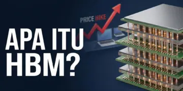 Ilustrasi chip High Bandwidth Memory (HBM) model tumpuk dengan grafik kenaikan harga laptop dan teks 'APA ITU HBM?'.