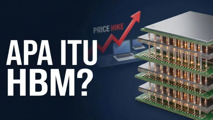 Ilustrasi chip High Bandwidth Memory (HBM) model tumpuk dengan grafik kenaikan harga laptop dan teks 'APA ITU HBM?'.