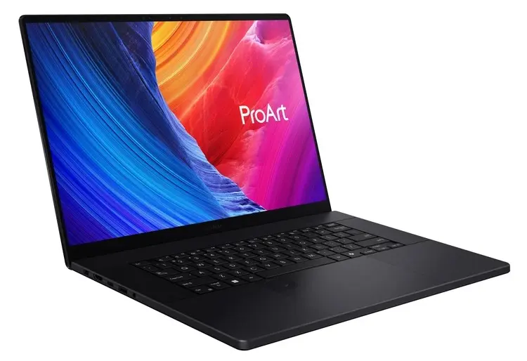 Laptop Asus ProArt P16 warna Nano Black dengan layar terbuka, rekomendasi laptop AMD Ryzen terbaik untuk video editing dan desain grafis profesional dengan prosesor Ryzen AI 9.