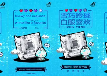 Poster teaser resmi Asus ROG Mini Blizzard yang menampilkan desain motherboard Mini-ITX putih dengan tema salju dan grafis piksel unik.