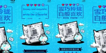 Poster teaser resmi Asus ROG Mini Blizzard yang menampilkan desain motherboard Mini-ITX putih dengan tema salju dan grafis piksel unik.