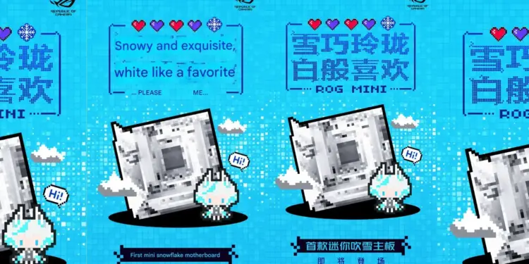 Poster teaser resmi Asus ROG Mini Blizzard yang menampilkan desain motherboard Mini-ITX putih dengan tema salju dan grafis piksel unik.