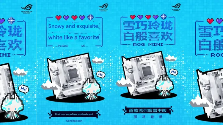 Poster teaser resmi Asus ROG Mini Blizzard yang menampilkan desain motherboard Mini-ITX putih dengan tema salju dan grafis piksel unik.