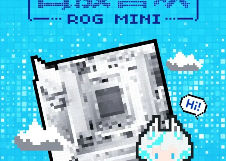 Teaser poster Asus ROG Mini Blizzard di Weibo yang menampilkan siluet motherboard Mini-ITX putih dengan tema piksel badai salju.