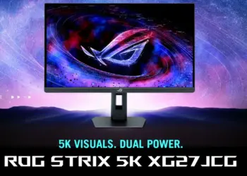 Tampilan depan monitor gaming Asus ROG Strix XG27JCG yang menampilkan wallpaper galaksi tajam dengan teks promosi 5K Visuals Dual Power.