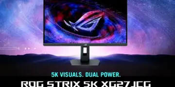 Tampilan depan monitor gaming Asus ROG Strix XG27JCG yang menampilkan wallpaper galaksi tajam dengan teks promosi 5K Visuals Dual Power.