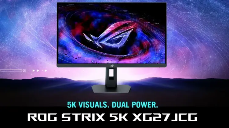 Tampilan depan monitor gaming Asus ROG Strix XG27JCG yang menampilkan wallpaper galaksi tajam dengan teks promosi 5K Visuals Dual Power.