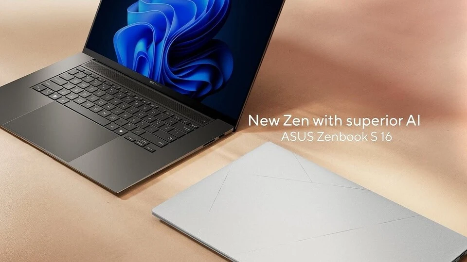 Tampilan desain ramping laptop ASUS Zenbook S 16, ditenagai prosesor AMD Ryzen AI 300 yang menjamin efisiensi daya tinggi dan daya tahan baterai hingga 13 jam.