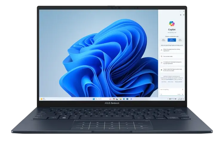 Tampilan depan laptop Asus Zenbook S14 OLED UM3406 warna biru yang menampilkan fitur Windows Copilot, ditenagai prosesor AMD Ryzen AI 7 350.