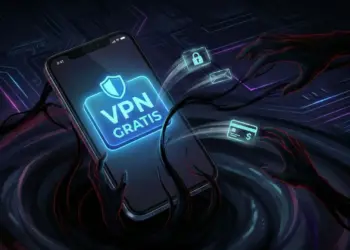 Ilustrasi smartphone dengan logo VPN Gratis yang dikelilingi tangan peretas sedang mencuri data kartu kredit dan email, menggambarkan bahaya vpn gratis.