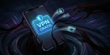 Ilustrasi smartphone dengan logo VPN Gratis yang dikelilingi tangan peretas sedang mencuri data kartu kredit dan email, menggambarkan bahaya vpn gratis.
