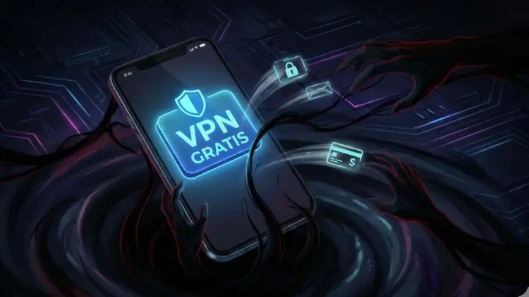 Ilustrasi smartphone dengan logo VPN Gratis yang dikelilingi tangan peretas sedang mencuri data kartu kredit dan email, menggambarkan bahaya vpn gratis.