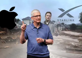 Ilustrasi Tim Cook dan Elon Musk dengan latar belakang banjir Sumatra, menandakan bantuan Apple dan Starlink untuk korban bencana.