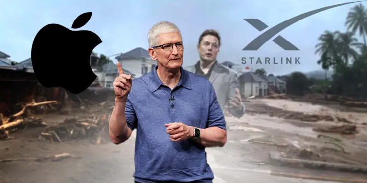 Ilustrasi Tim Cook dan Elon Musk dengan latar belakang banjir Sumatra, menandakan bantuan Apple dan Starlink untuk korban bencana.