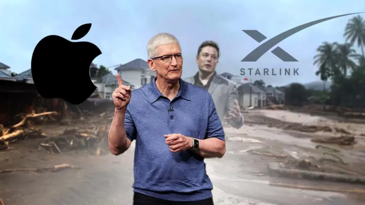 Ilustrasi Tim Cook dan Elon Musk dengan latar belakang banjir Sumatra, menandakan bantuan Apple dan Starlink untuk korban bencana.
