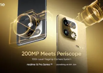 Poster teaser resmi yang membocorkan fitur kamera Realme 16 Pro Series, menampilkan visualisasi detail struktur lensa sensor utama 200MP dan modul lensa periskop telephoto dengan kemampuan super zoom hingga 120x.